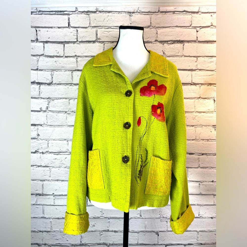 Odile Green Floral Hand Painted Lightweight Jacket Shacket Vintage Size Large